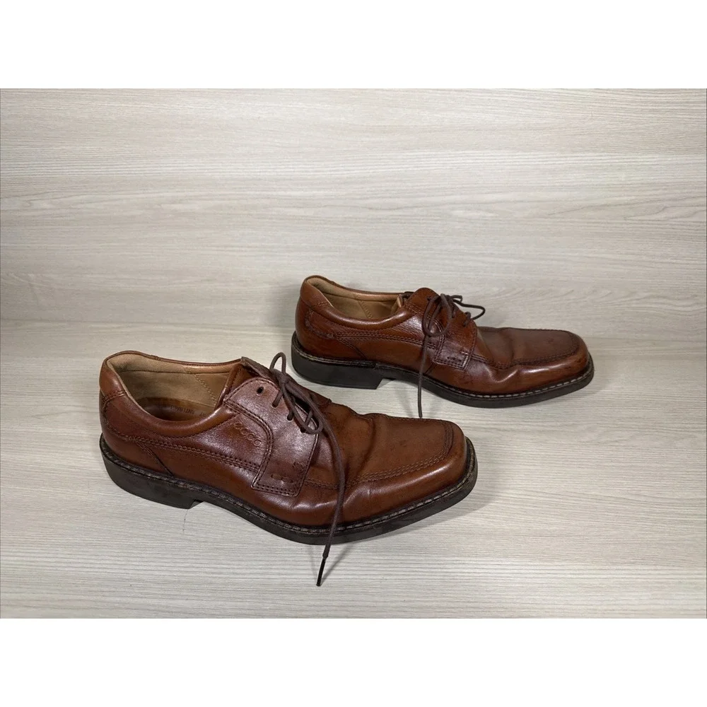 Ecco Mens Size 44 Extra Width Brown Leather Shock Point Oxford‎ Dress Shoes Lace